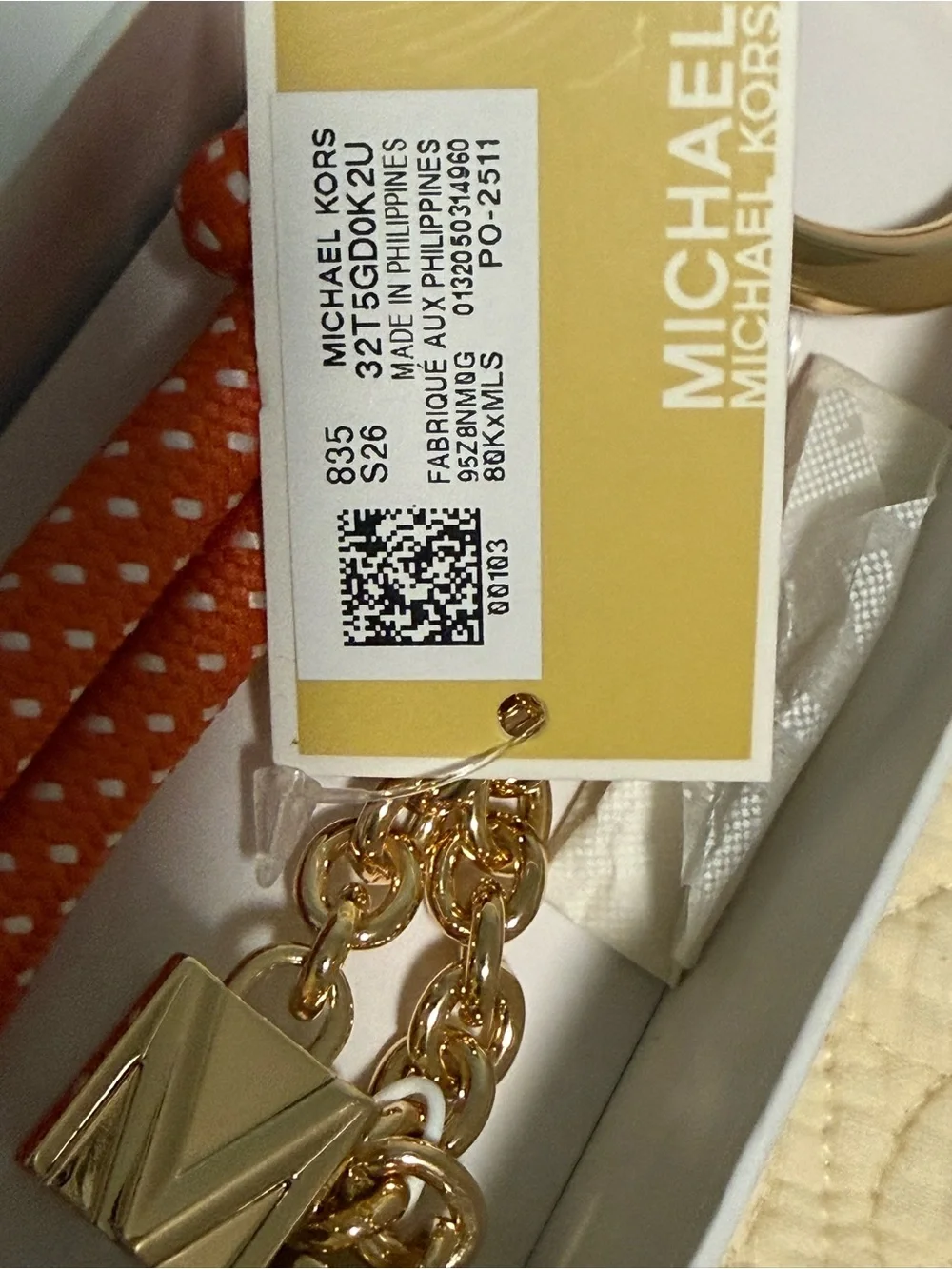 Michael Kors “Mimosa” orange Rope Bag Charm/Keychain with Gold Ring and MK charm
